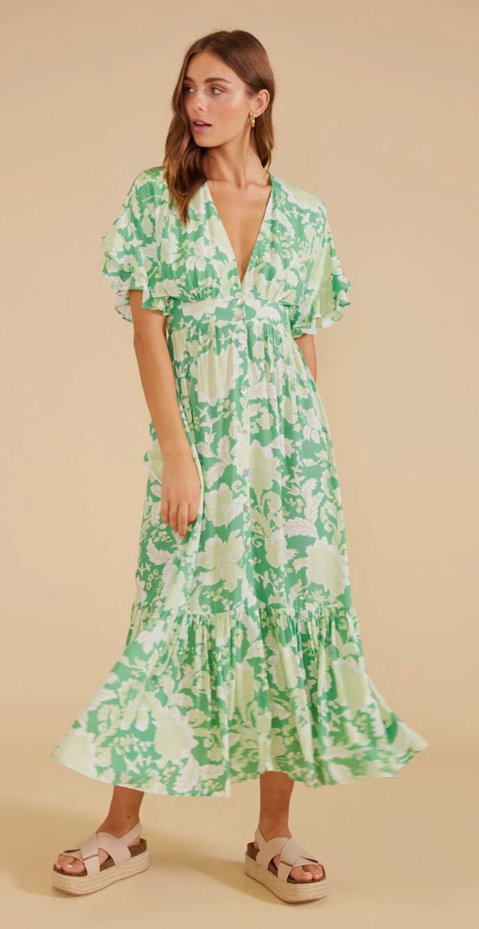 MinkPink Short Sleeve Felecia Button Midi Dress Floral Womens Medium New Green